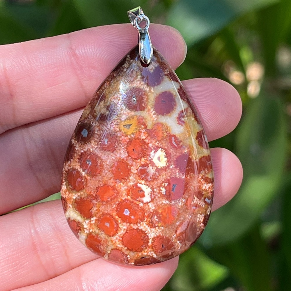 Sterling silver large‎ red Burgundy teardrop coral jade pendant 0929
